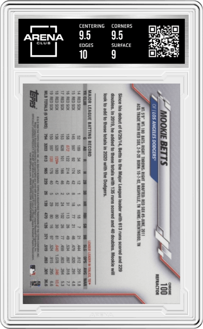 Mookie Betts from the 2020 Topps Chrome set featuring a Pink Refractor parallel graded by Arena Club and given an overall grade of 9.5.