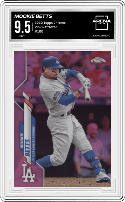 Mookie Betts from the 2020 Topps Chrome set featuring a Pink Refractor parallel graded by Arena Club and given an overall grade of 9.5.