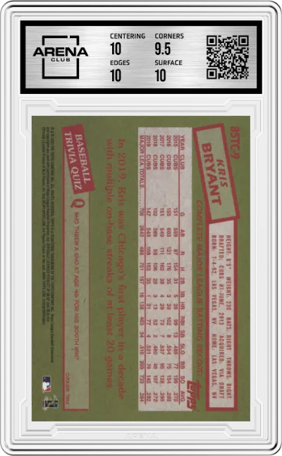 Kris Bryant from the 2020 Topps Chrome set graded by Arena Club and given an overall grade of 10.