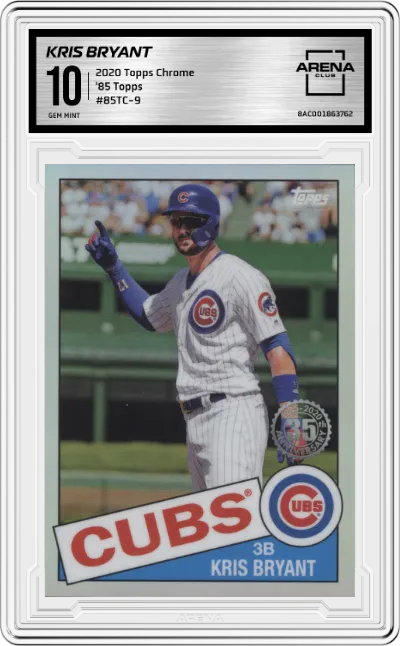 Kris Bryant from the 2020 Topps Chrome set graded by Arena Club and given an overall grade of 10.