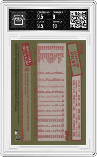 Austin Riley from the 2020 Topps Chrome set graded by Arena Club and given an overall grade of 9.5.