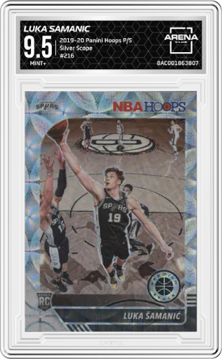 Luka Samanic from the 2019-20 Panini Hoops Premium Stock set featuring a Silver Scope parallel graded by Arena Club and given an overall grade of 9.5.