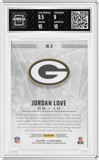 Jordan Love from the 2020 Panini Illusions set featuring a Retail parallel graded by Arena Club and given an overall grade of 9.5.