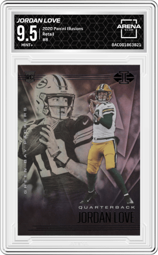 Jordan Love from the 2020 Panini Illusions set featuring a Retail parallel graded by Arena Club and given an overall grade of 9.5.