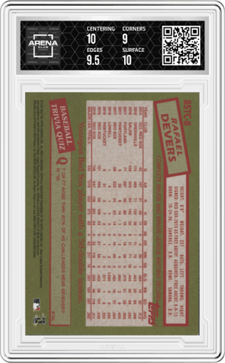Rafael Devers from the 2020 Topps Chrome set graded by Arena Club and given an overall grade of 9.5.