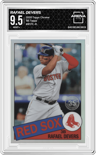 Rafael Devers from the 2020 Topps Chrome set graded by Arena Club and given an overall grade of 9.5.