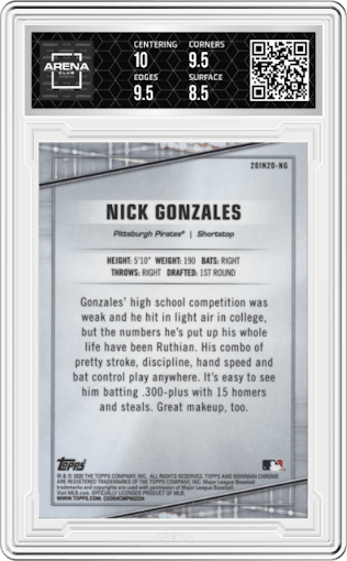 Nick Gonzales from the 2020 Bowman Draft set graded by Arena Club and given an overall grade of 9.