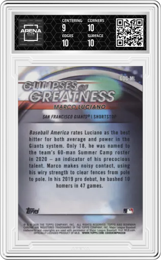 Marco Luciano from the 2020 Bowman Draft set graded by Arena Club and given an overall grade of 9.5.