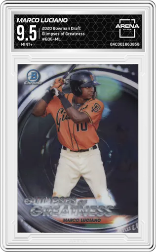 Marco Luciano from the 2020 Bowman Draft set graded by Arena Club and given an overall grade of 9.5.