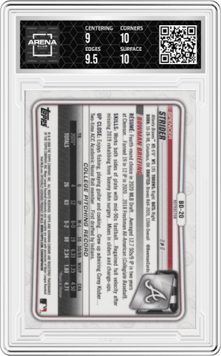 Spencer Strider from the 2020 Bowman Draft set featuring a Refractor parallel graded by Arena Club and given an overall grade of 9.5.