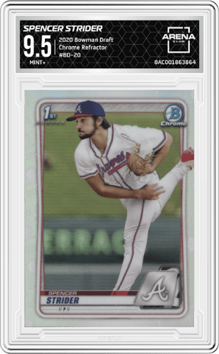 Spencer Strider from the 2020 Bowman Draft set featuring a Refractor parallel graded by Arena Club and given an overall grade of 9.5.