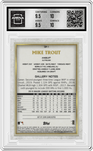 Mike Trout from the 2020 Topps Chrome set graded by Arena Club and given an overall grade of 10.