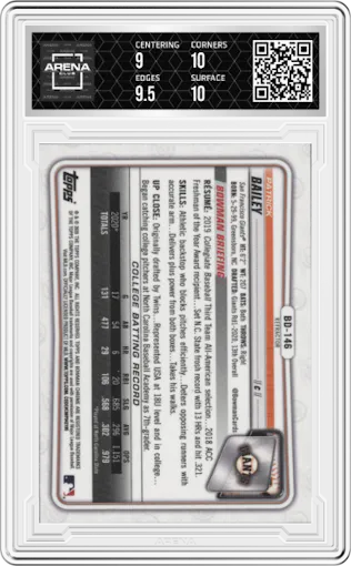 Patrick Bailey from the 2020 Bowman Draft set featuring a Refractor parallel graded by Arena Club and given an overall grade of 9.5.