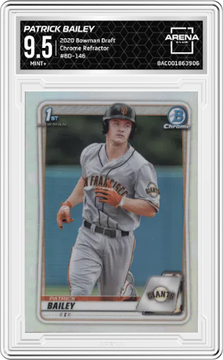 Patrick Bailey from the 2020 Bowman Draft set featuring a Refractor parallel graded by Arena Club and given an overall grade of 9.5.