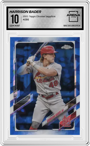 Harrison Bader from the 2021 Topps Chrome Sapphire Edition set graded by Arena Club and given an overall grade of 10.