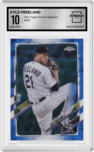 Kyle Freeland from the 2021 Topps Chrome Sapphire Edition set graded by Arena Club and given an overall grade of 10.
