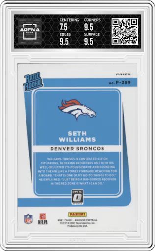 Seth Williams from the 2021 Panini Donruss set featuring a Pink Holo parallel graded by Arena Club and given an overall grade of 8.