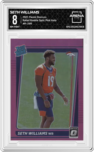 Seth Williams from the 2021 Panini Donruss set featuring a Pink Holo parallel graded by Arena Club and given an overall grade of 8.