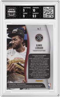 Kawhi Leonard from the 2019-20 Panini Prizm set graded by Arena Club and given an overall grade of 9.5.
