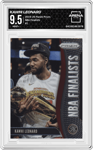 Kawhi Leonard from the 2019-20 Panini Prizm set graded by Arena Club and given an overall grade of 9.5.