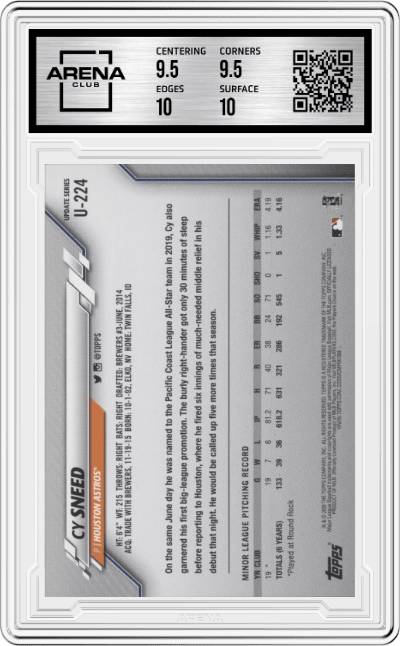 Cy Sneed from the 2020 Topps Update  set graded by Arena Club and given an overall grade of 10.