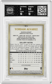 Yordan Alvarez from the 2020 Topps Gallery set graded by Arena Club and given an overall grade of 9.5.