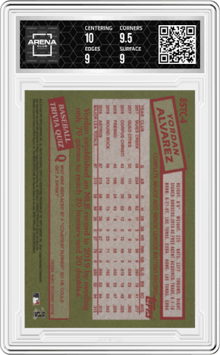 Yordan Alvarez from the 2020 Topps Chrome set graded by Arena Club and given an overall grade of 9.5.