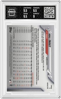 Mike Trout from the 2020 Topps Chrome set featuring a Sepia Refractor parallel graded by Arena Club and given an overall grade of 9.5.