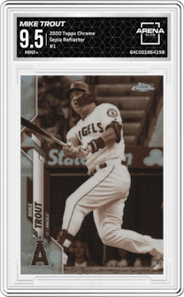 Mike Trout from the 2020 Topps Chrome set featuring a Sepia Refractor parallel graded by Arena Club and given an overall grade of 9.5.
