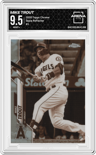 Mike Trout from the 2020 Topps Chrome set featuring a Sepia Refractor parallel graded by Arena Club and given an overall grade of 9.5.