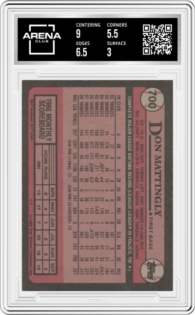 Don Mattingly from the 1989 Topps set graded by Arena Club and given an overall grade of 3.5.