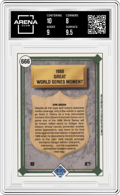 Kirk Gibson from the 1989 Upper Deck set graded by Arena Club and given an overall grade of 8.5.
