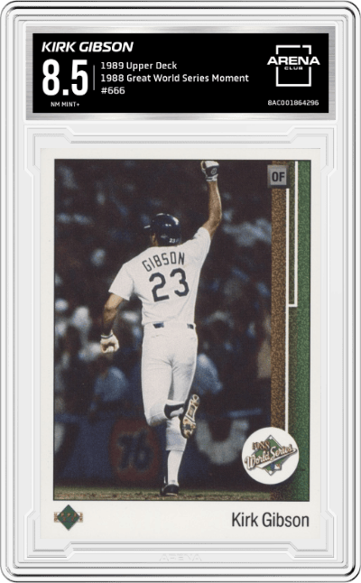 Kirk Gibson from the 1989 Upper Deck set graded by Arena Club and given an overall grade of 8.5.