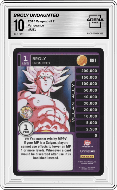 Broly Undaunted from the 2016 Dragonball Z set graded by Arena Club and given an overall grade of 10.