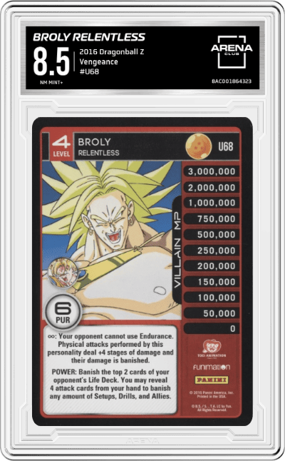 Broly Relentless from the 2016 Dragonball Z set graded by Arena Club and given an overall grade of 8.5.