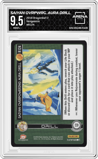 Saiyan Overpowering Aura Drill from the 2016 Dragonball Z set graded by Arena Club and given an overall grade of 9.5.
