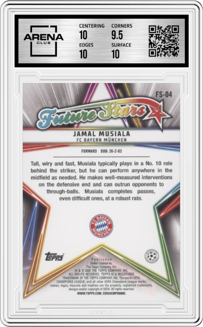 Jamal Musiala from the 2021-22 Topps UEFA CL set graded by Arena Club and given an overall grade of 10.