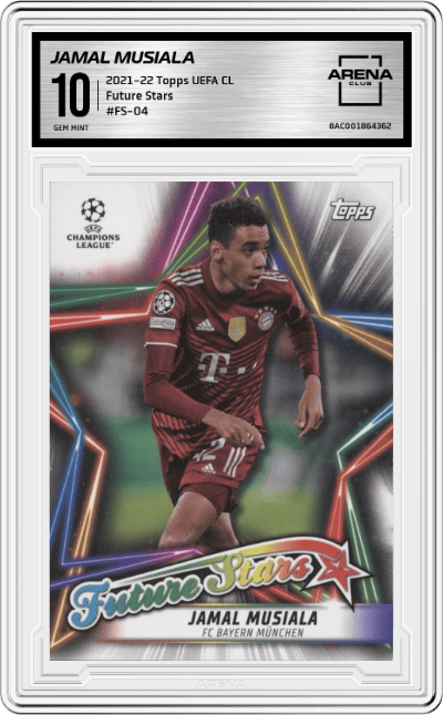 Jamal Musiala from the 2021-22 Topps UEFA CL set graded by Arena Club and given an overall grade of 10.