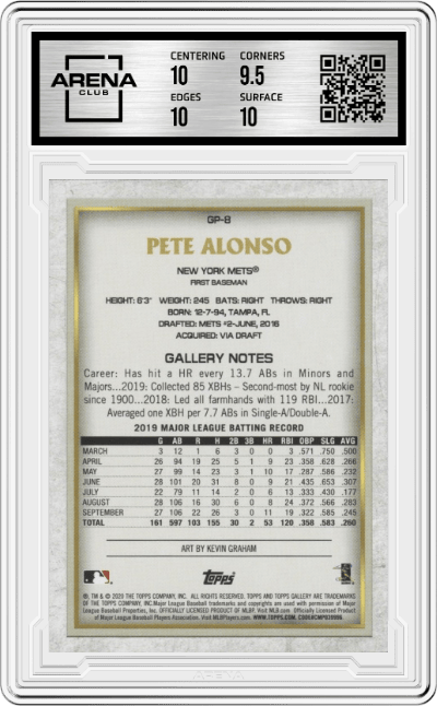 Pete Alonso from the 2020 Topps Chrome set graded by Arena Club and given an overall grade of 10.