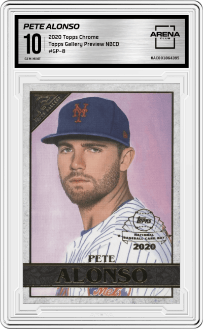 Pete Alonso from the 2020 Topps Chrome set graded by Arena Club and given an overall grade of 10.