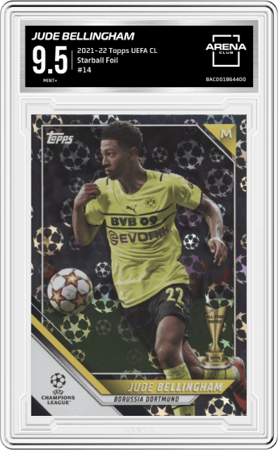Jude Bellingham from the 2021-22 Topps UEFA CL set featuring a Starball Foil  parallel graded by Arena Club and given an overall grade of 9.5.