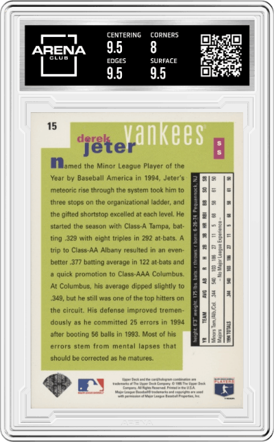 Derek Jeter from the 1995 Upper Deck Collector's Choice set graded by Arena Club and given an overall grade of 8.5.