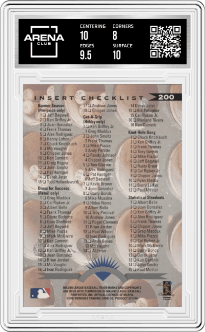 Derek Jeter from the 1997 Donruss Leaf set graded by Arena Club and given an overall grade of 8.5.