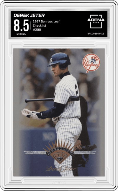 Derek Jeter from the 1997 Donruss Leaf set graded by Arena Club and given an overall grade of 8.5.