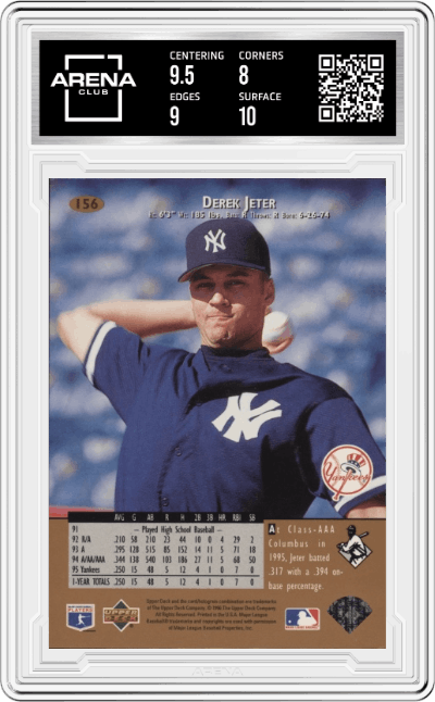 Derek Jeter from the 1996 Upper Deck set graded by Arena Club and given an overall grade of 8.5.
