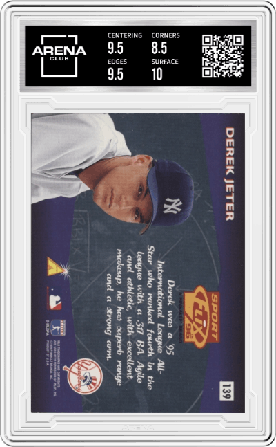 Derek Jeter from the 1996 Pinnacle Sport Flix set graded by Arena Club and given an overall grade of 9.