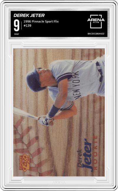 Derek Jeter from the 1996 Pinnacle Sport Flix set graded by Arena Club and given an overall grade of 9.