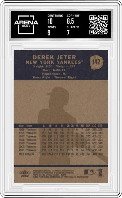 Derek Jeter from the 2002 Fleer Tradition set graded by Arena Club and given an overall grade of 7.5.