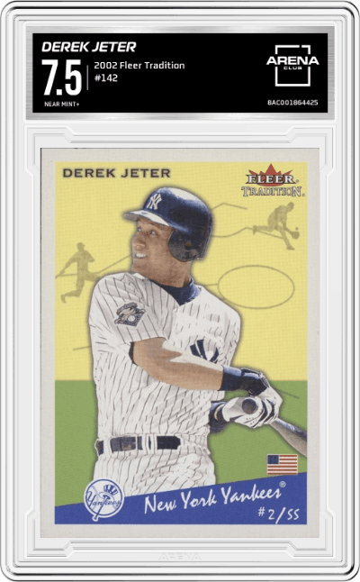 Derek Jeter from the 2002 Fleer Tradition set graded by Arena Club and given an overall grade of 7.5.
