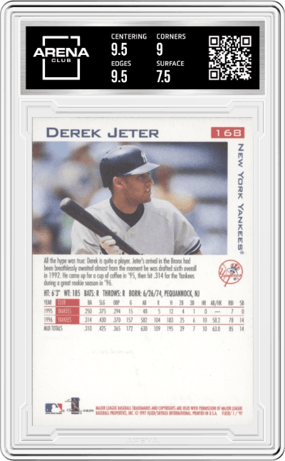 Derek Jeter  from the 1997 Fleer  set graded by Arena Club and given an overall grade of 8.